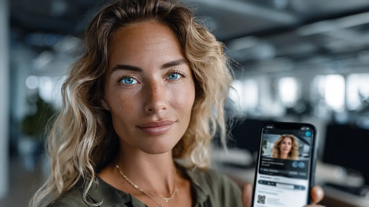Over-the-shoulder view of a real estate agent showing a digital business card with a QR code on a smartphone.