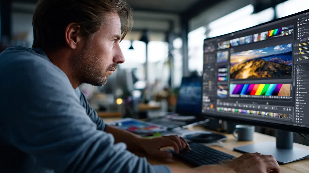 Over-the-shoulder view of a web designer adjusting title style options in a website editor on a computer screen.