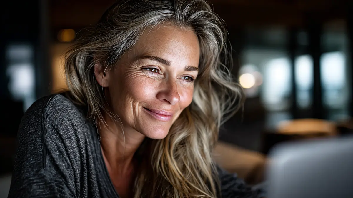 Mature woman using a laptop with an accessibility widget icon on the screen in a bright modern home office.