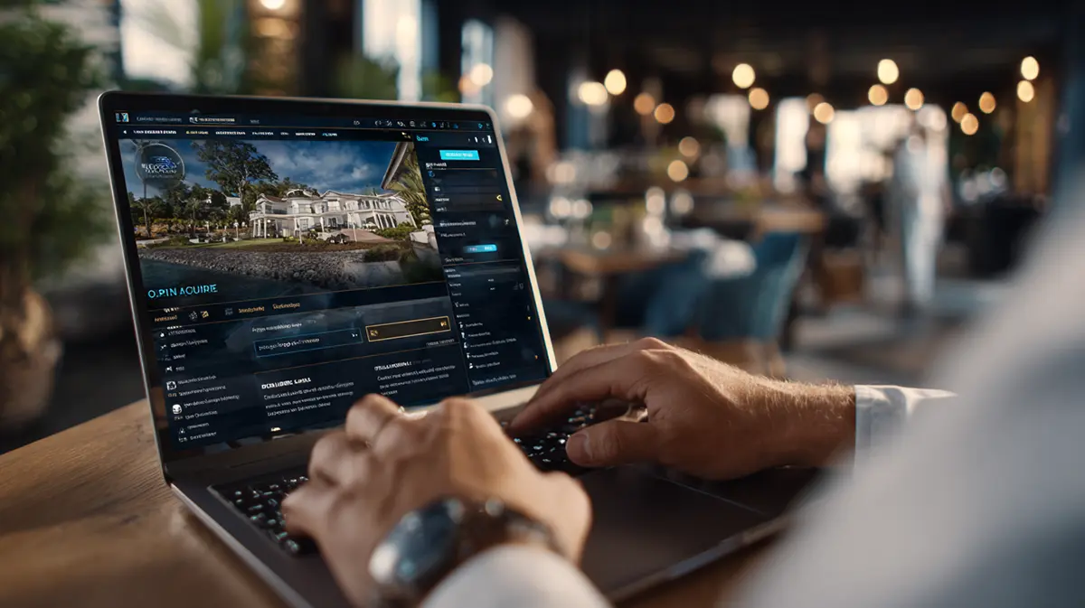 Over-the-shoulder view of a real estate agent adding a new property listing on a laptop in a bright office.