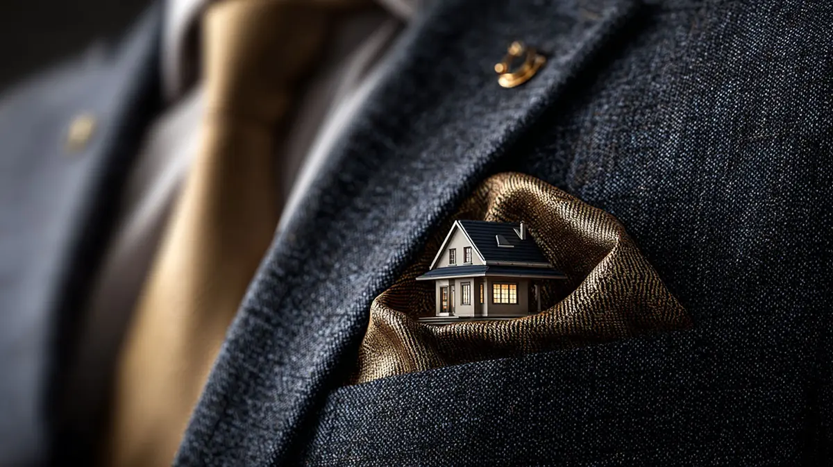 Close-up of a person in a business suit with a miniature model of a house emerging from the jacket pocket — symbolizing private “pocket listings” and exclusive real estate deals.