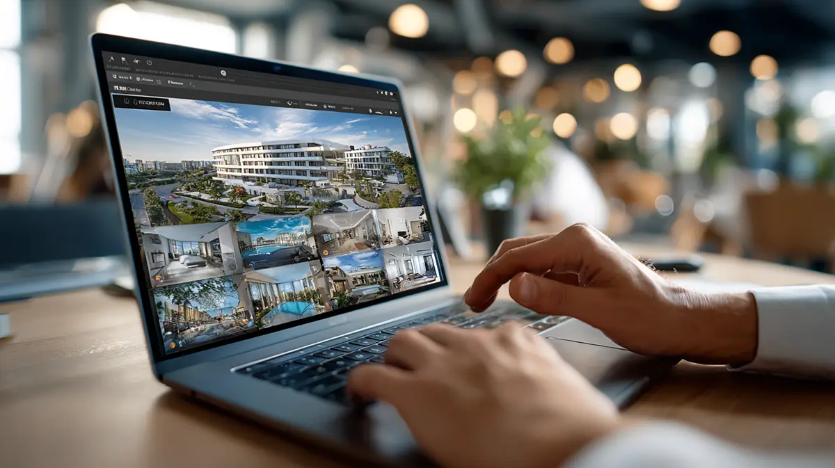 Real estate agent configuring IDX integration with FlexMLS on a laptop in a bright modern office.