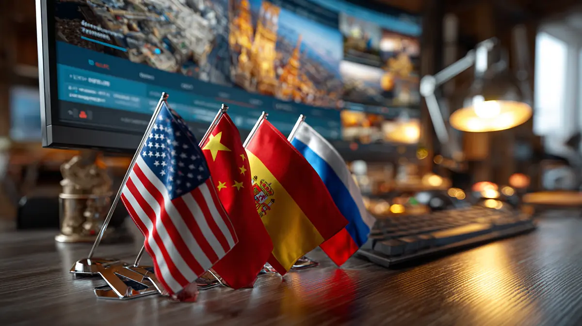 Flags of the USA, France, China, Russia, Spain, and Turkey stand in front of a monitor displaying a real estate website.