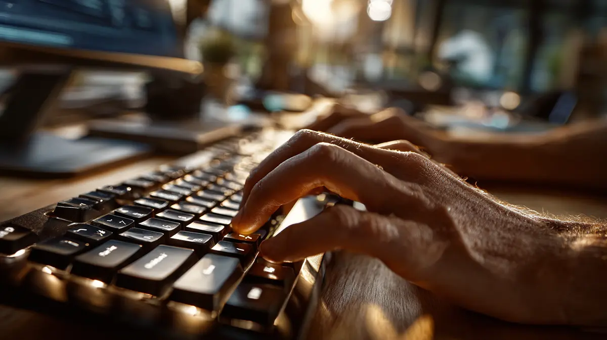 Close-up of hands typing on a modern keyboard representing website navigation and accessibility.