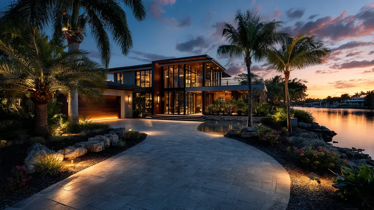 Luxury waterfront home in Jupiter Beach, Florida, at golden hour — warm interior lights glowing through large windows, palm trees and calm water reflecting the sunset atmosphere of elegance and comfort.