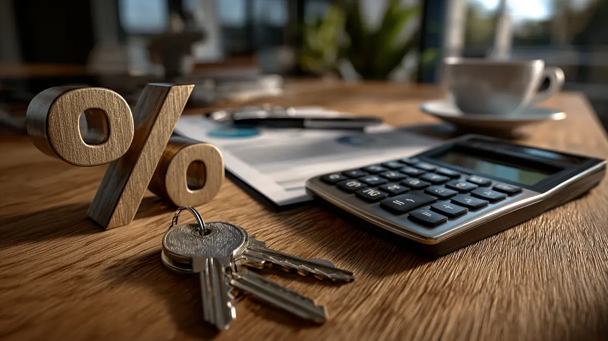 House keys next to a calculator and percent sign on a wooden desk — symbolizing mortgage rate analysis and real estate decisions.