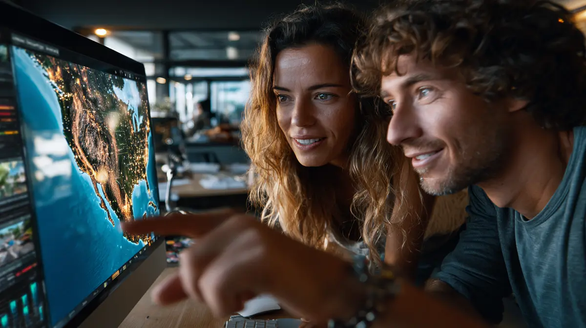 Real estate agent showing a young couple a digital U.S. map with city rankings using the MyRE Location Search tool.