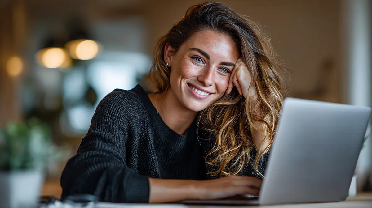 real estate agent chatting online with a client through website live chat on a laptop in a modern bright office