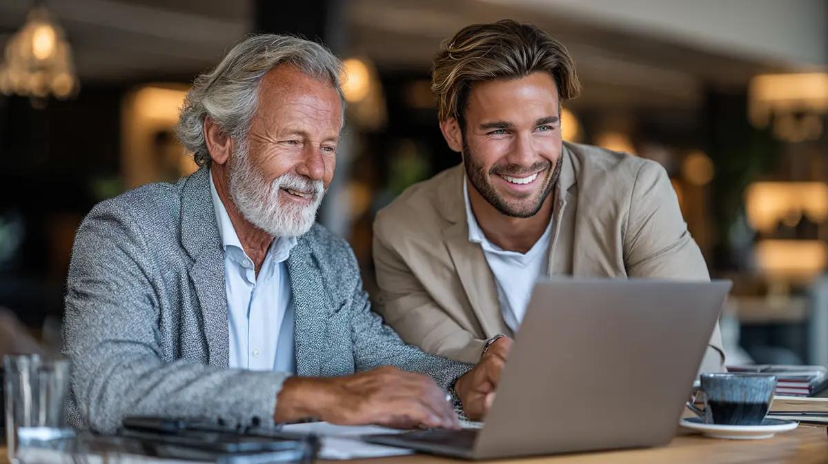 Senior real estate agent learning to use modern technology with help from a younger colleague, friendly atmosphere in a bright office, professional training scene.