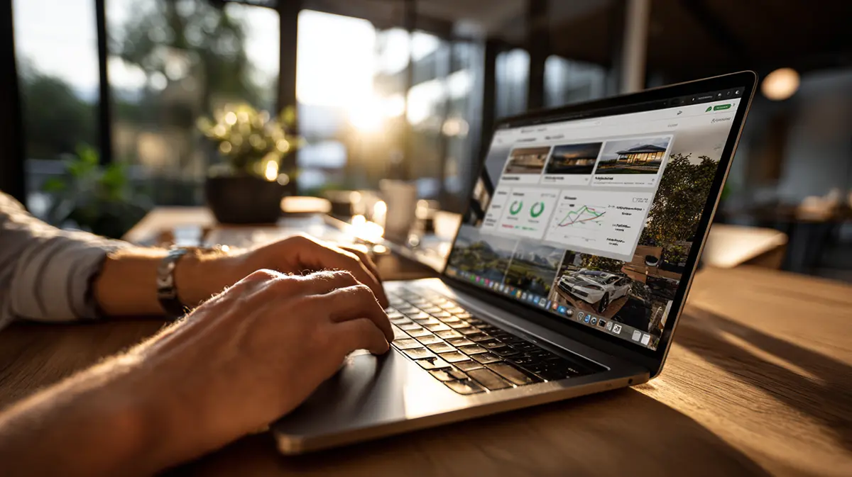 Over-the-shoulder view of a real estate agent analyzing rating points and activity charts on a laptop screen.