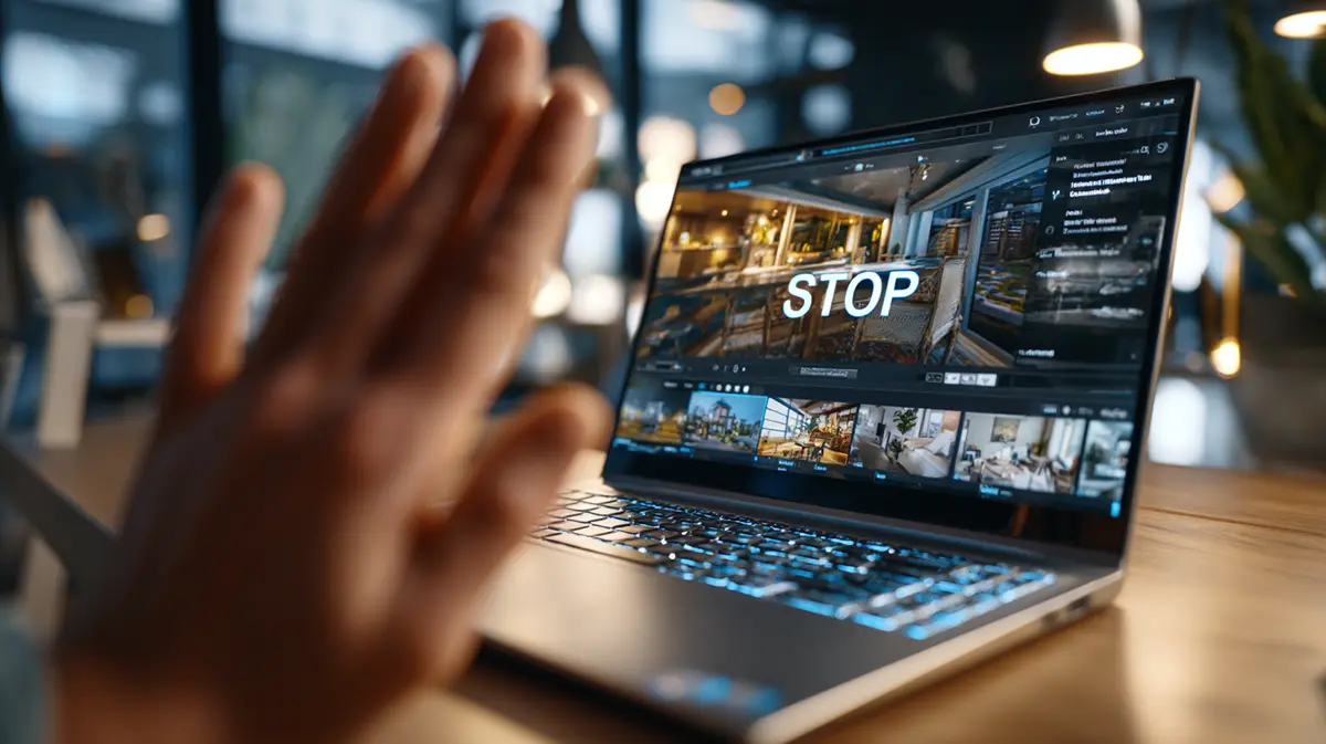 Over-the-shoulder view of a real estate agent making a Stop hand gesture while reporting an illegal listing on a laptop screen.