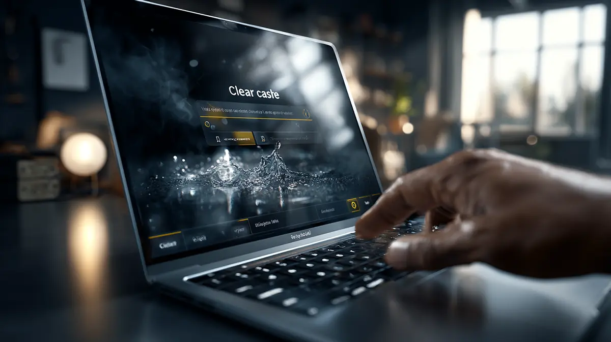 Laptop screen showing website settings and a cache clearing process in a bright modern workspace.