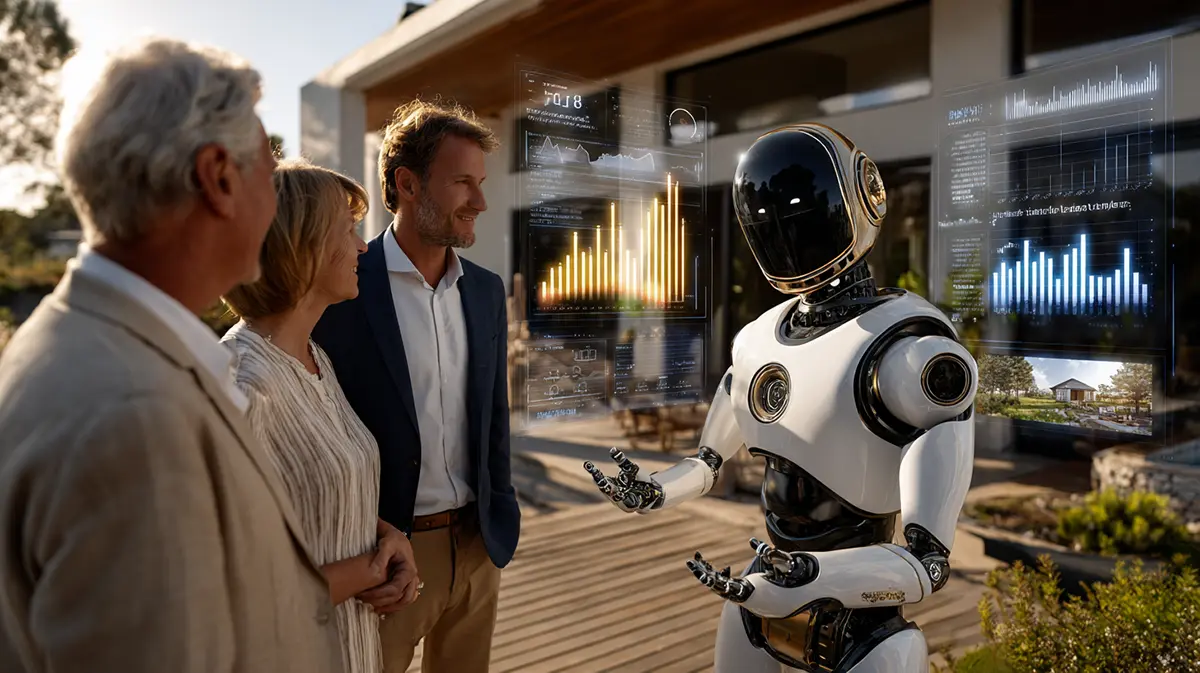 Humanoid robot presenting real estate market data holograms to a realtor and a senior couple standing on the porch of a modern Southern California home at golden hour, symbolizing the integration of AI technology into real estate services.