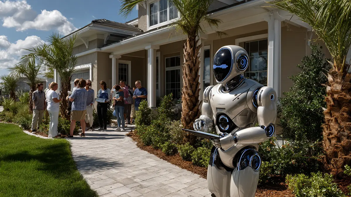 Modern humanoid robot realtor standing on a house porch with buyers waiting in line