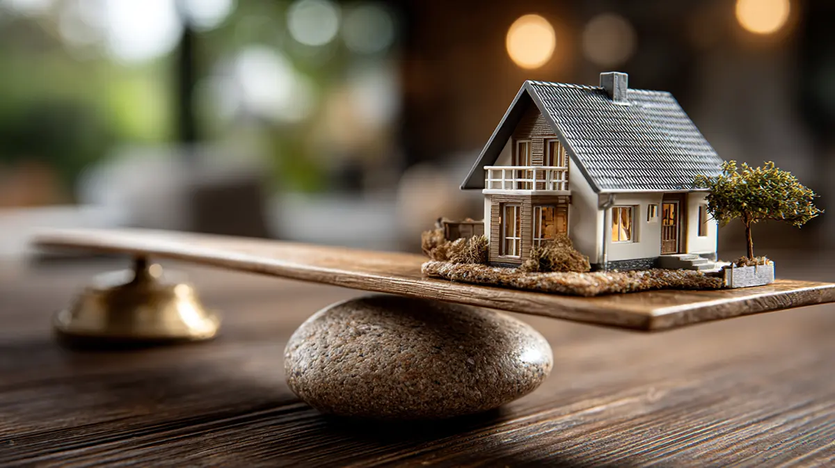 Miniature house on balanced scales — visual metaphor for stable real estate prices.