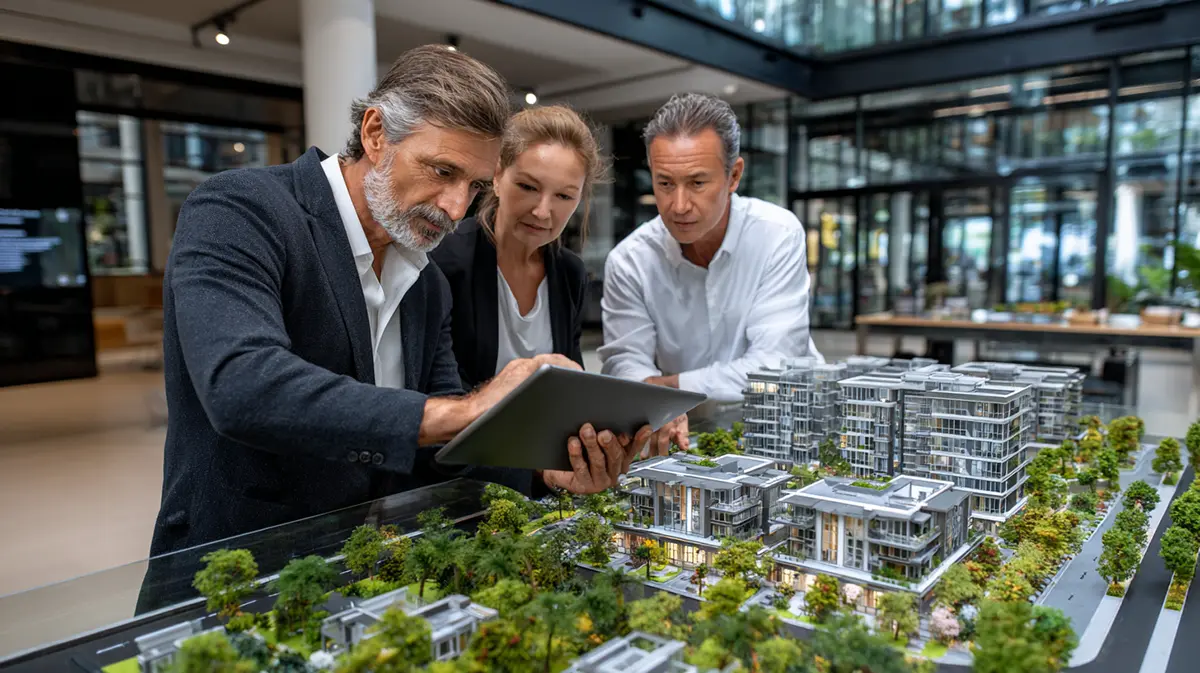 Real estate agent showing a detailed architectural scale model of a new construction development to clients at a builder sales office using a tablet.