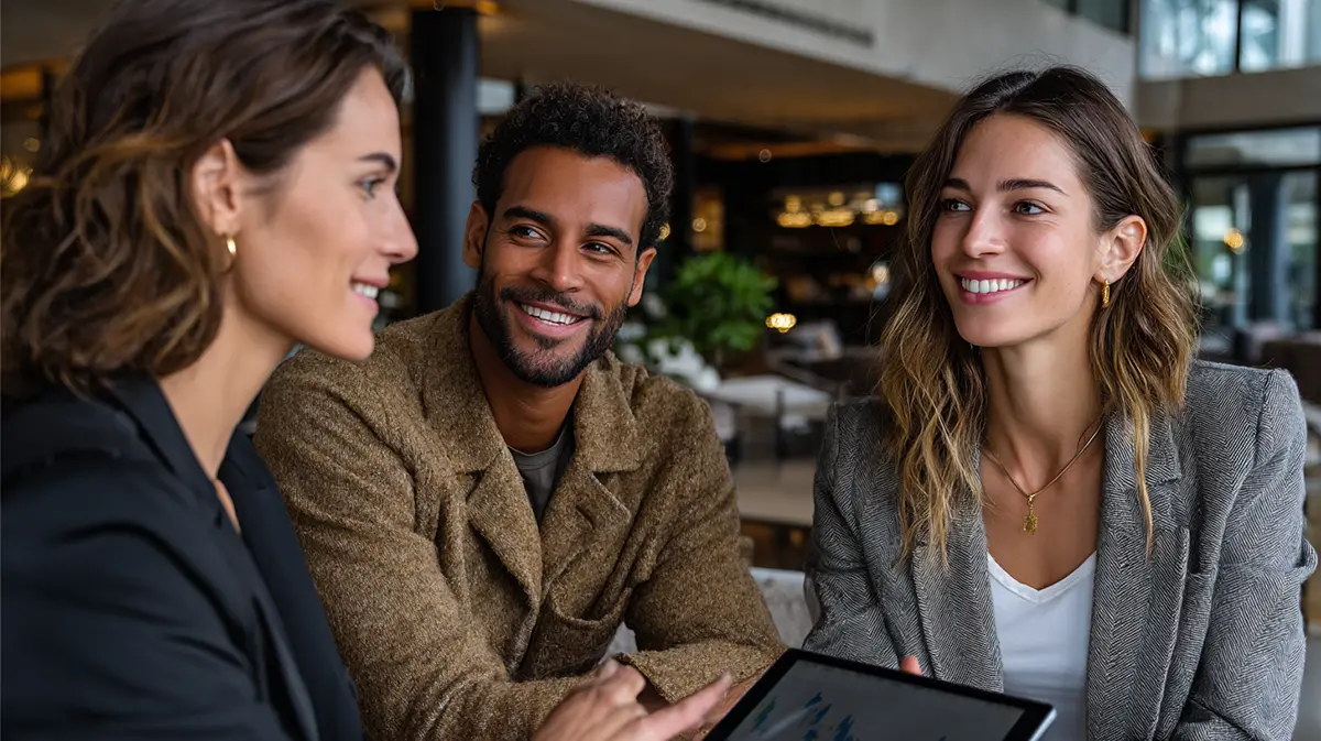 Professional REALTOR consulting with happy clients and reviewing financial market data on a tablet in a modern lounge setting