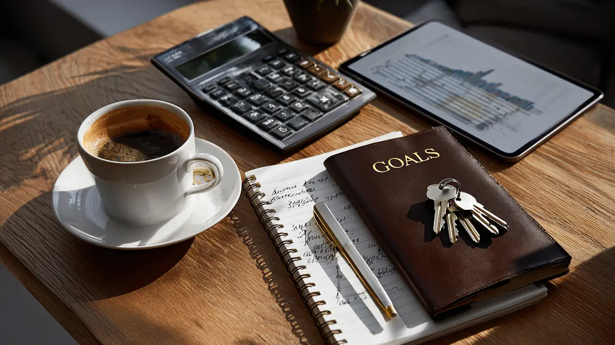Realtor's workspace featuring a calculator, house keys, and a notebook labeled GOALS next to a tablet with financial charts, illustrating business planning and tax strategy for real estate agents in 2026.