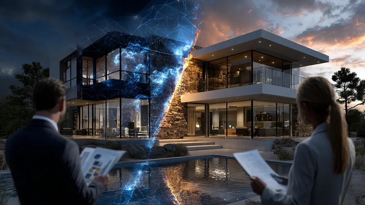Modern luxury home transforming from digital wireframe to solid structure symbolizing the new transparency rules for LLC real estate buyers and the end of anonymity.