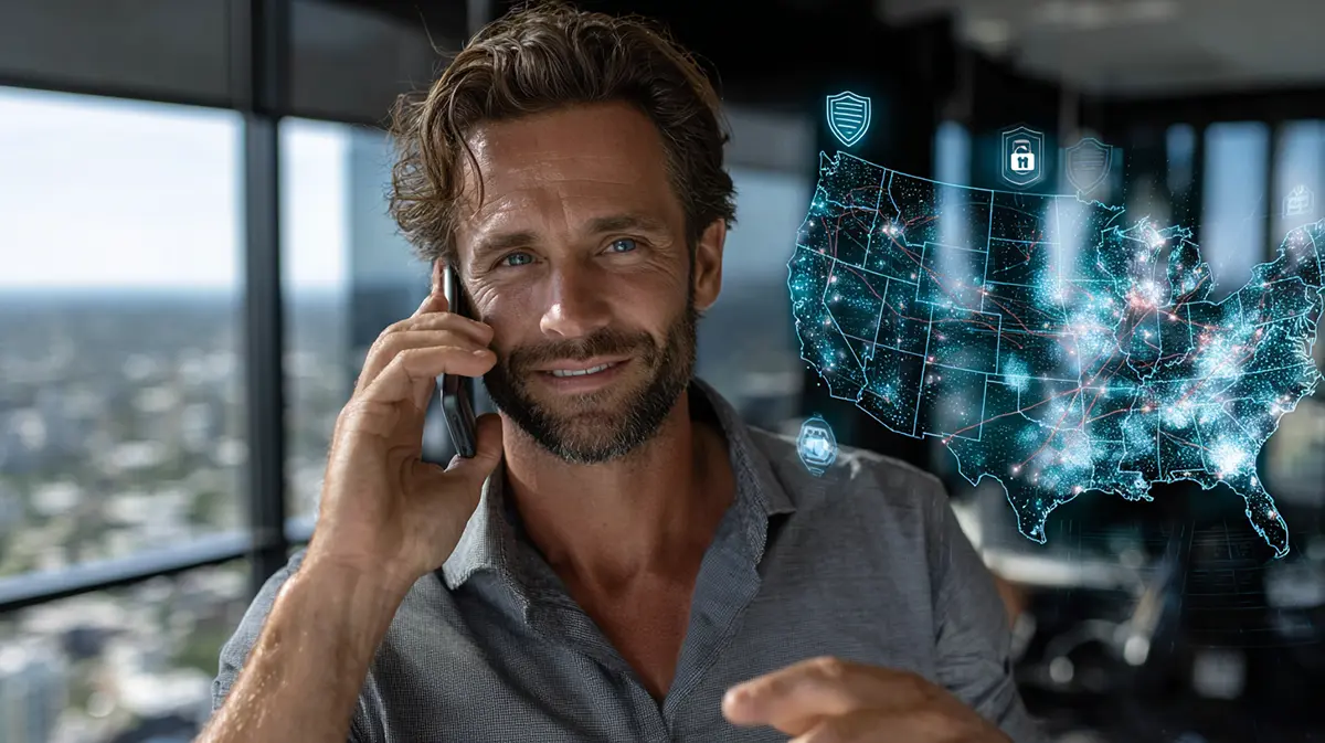 Professional real estate agent making a proactive service call to a client about new FinCEN 2026 nationwide reporting rules with a digital US map background.