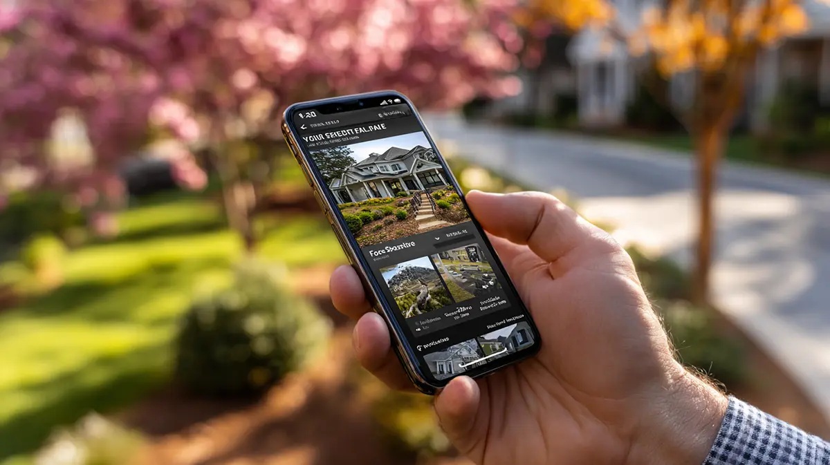 Hand holding a smartphone displaying a mobile-friendly real estate website with blooming spring trees in the background, illustrating digital curb appeal for the spring 2026 market