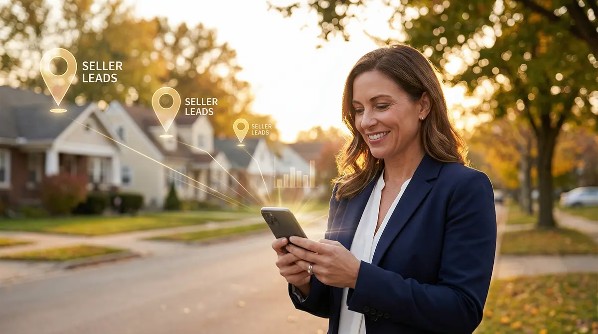 Real estate agent using AI predictive analytics app on a smartphone to identify likely seller leads in a suburban neighborhood.