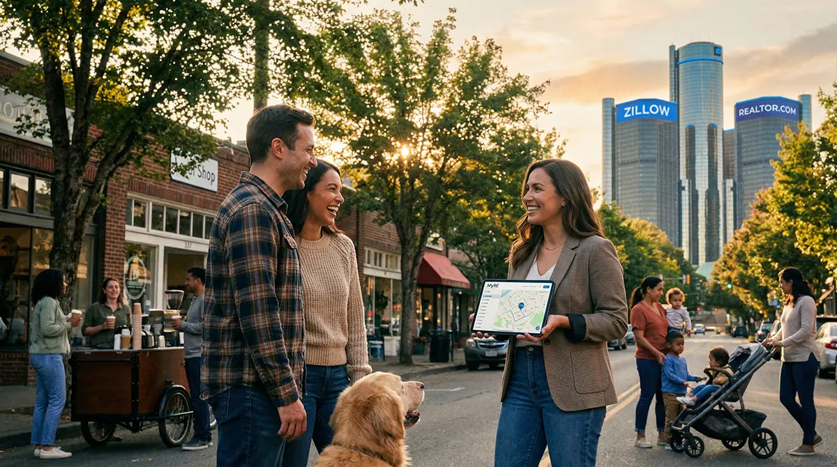 Local real estate agent showing specific neighborhood insights on a tablet to clients, illustrating the advantage of hyperlocal expertise over national portals like Zillow and Realtor.com