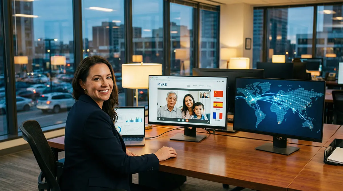 A professional realtor in a modern office using a MyRE multilingual website to manage global leads on multiple screens.