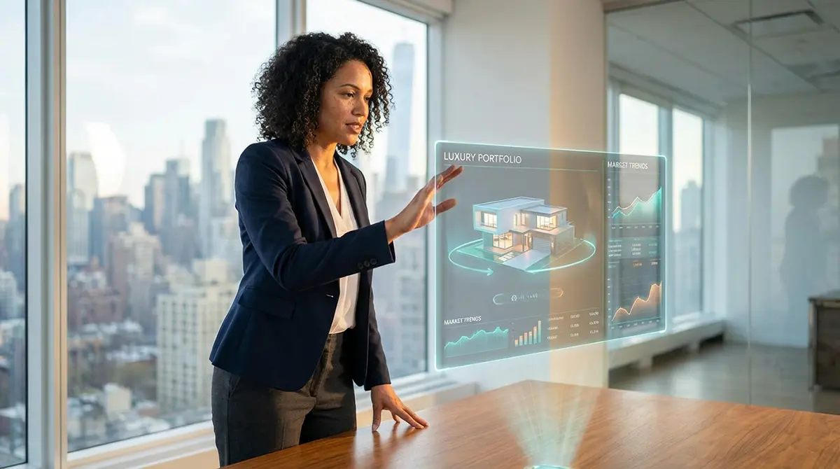Professional real estate agent utilizing advanced AI technology and holographic 3D property tours to analyze luxury housing portfolios and market trends in 2026
