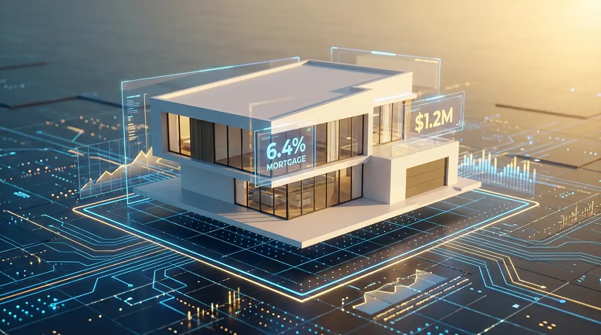 Digital 3D house model showing 6.4 percent mortgage rate and property valuation data for US real estate precision pricing strategy