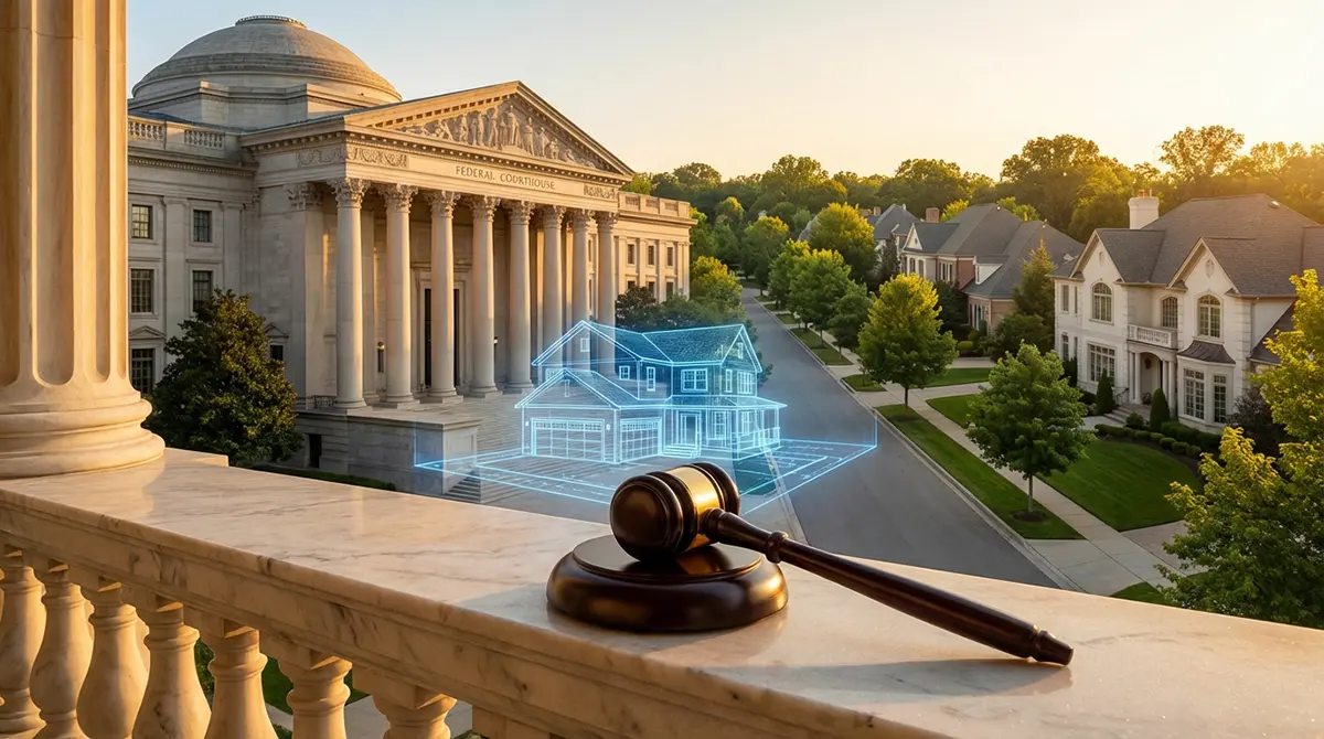 A judge’s gavel and a holographic house blueprint on a marble balcony overlooking a US federal courthouse and a luxury neighborhood, representing the NAR legal victory in Michigan.