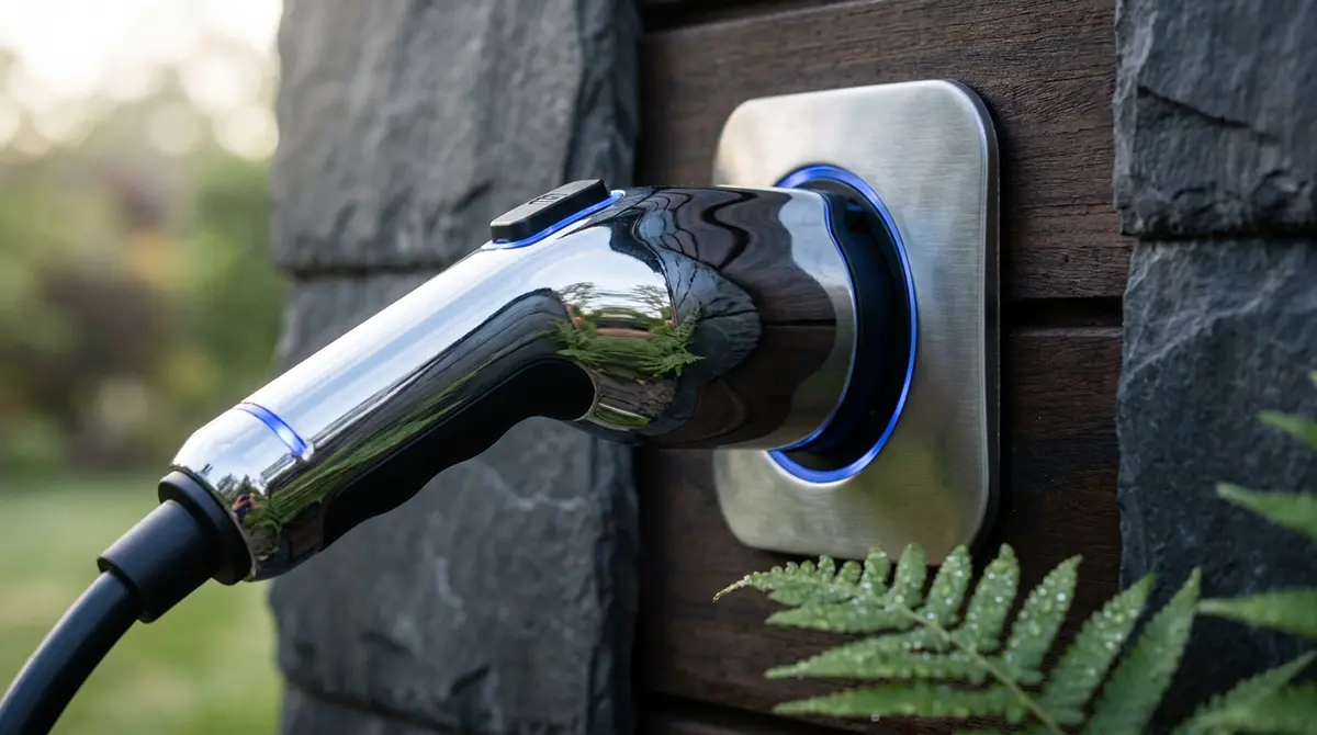 Close-up of a sleek chrome electric vehicle charging plug inserted into a wall-mounted home station with a blue LED glowing ring on a stone and wood facade.