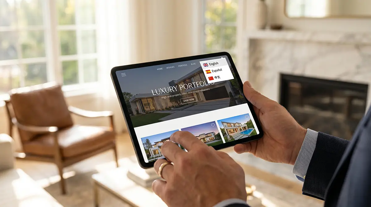 Close-up of a real estate agent's hands holding a tablet showing a luxury property website with a language selection menu for English, Spanish, and Chinese.