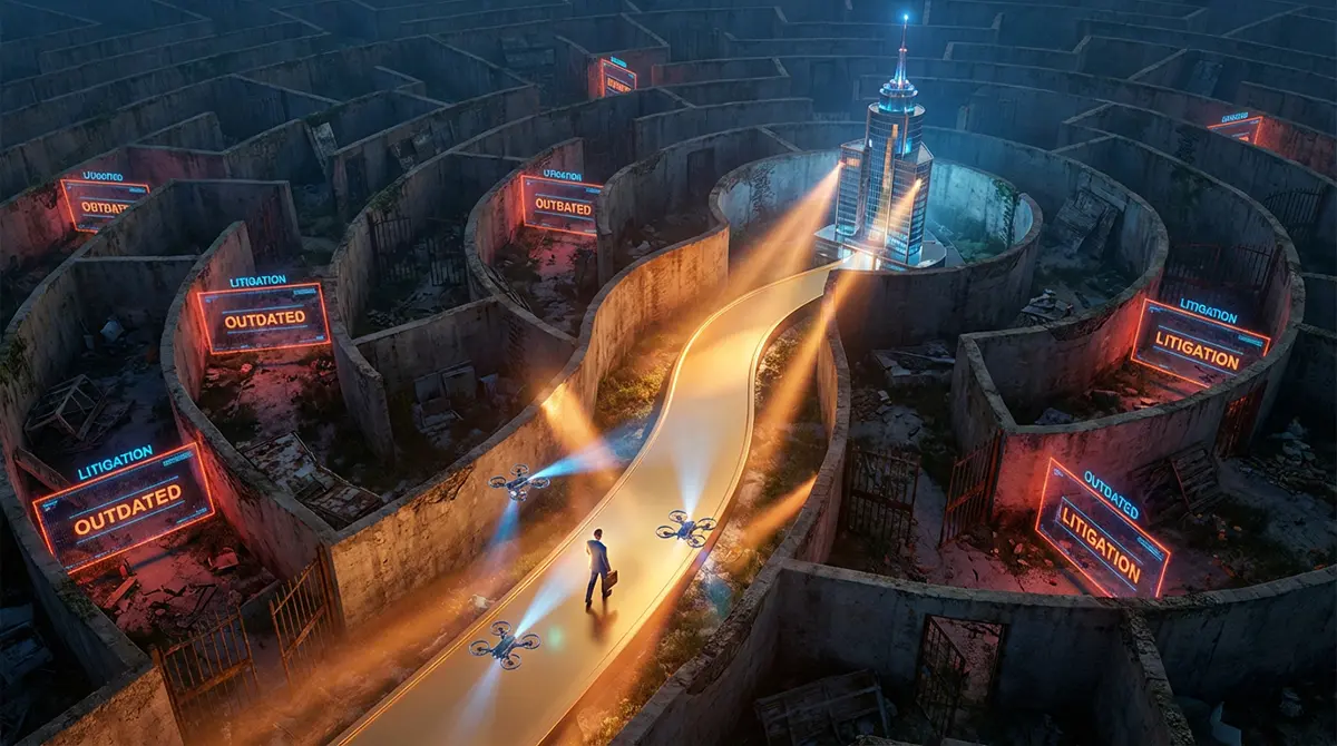 A real estate agent walking a glowing golden path through a dark maze with signs labeled 'Outdated' and 'Litigation', symbolizing a clear success strategy after the 2026 NAR settlement.