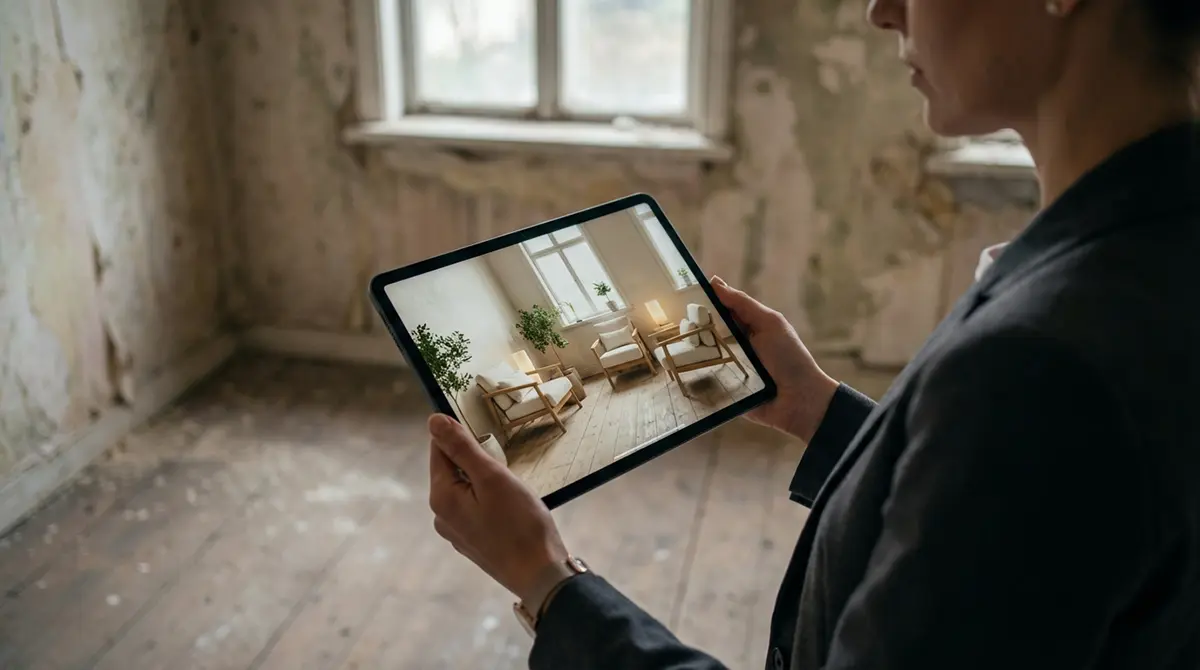 A professional real estate agent holding a tablet that shows a photorealistic AI-staged modern living room inside a dilapidated fixer-upper house.