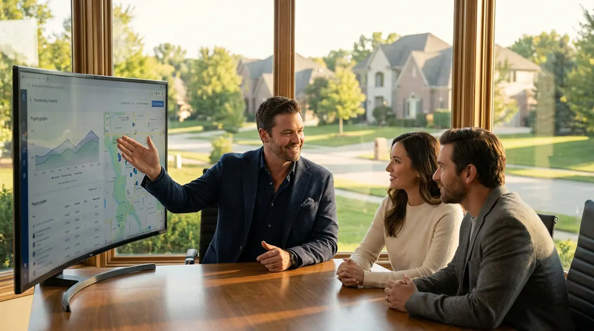A professional male real estate agent presenting AI predictive pricing data and market analytics charts on a large screen to a couple during a listing presentation.