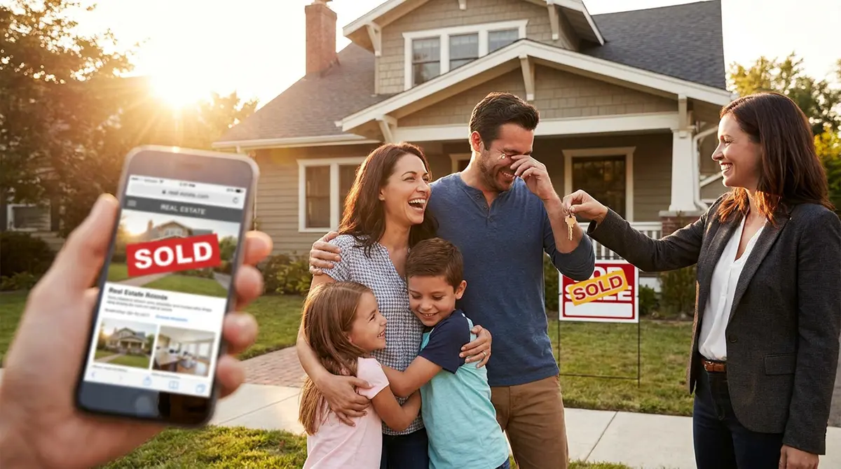 A happy family receiving keys to their new suburban home from a real estate agent, with a smartphone in the foreground displaying a sold listing on a property website.