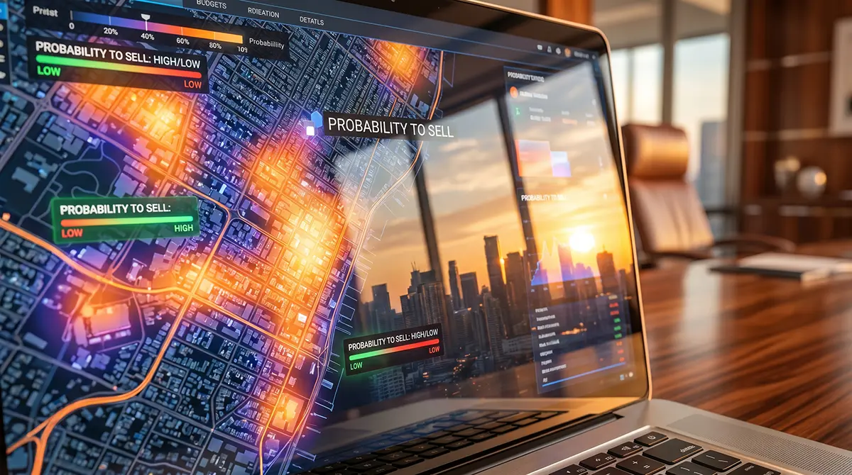 Professional real estate AI software on a laptop screen showing a heat map with high probability to sell indicators for lead generation.