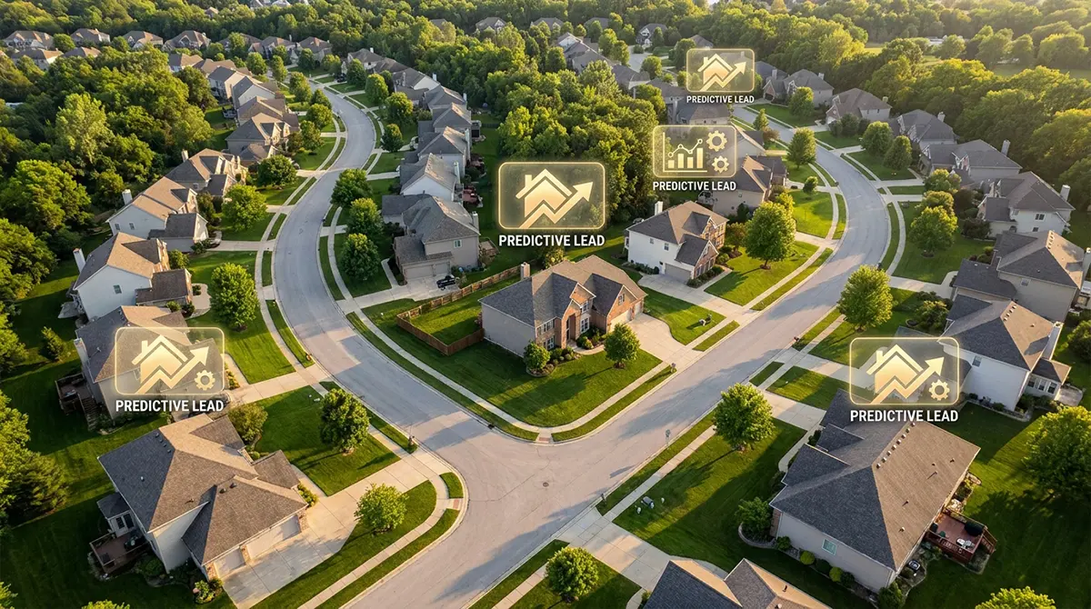 Aerial drone view of a suburban neighborhood with glowing AI icons identifying predictive seller leads for real estate agents.