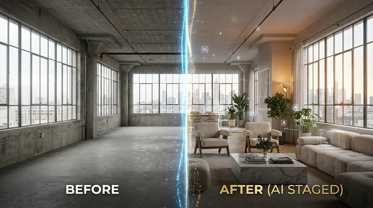 Before and after split screen comparison of an empty concrete loft space transformed into a luxury living room using virtual staging AI software.