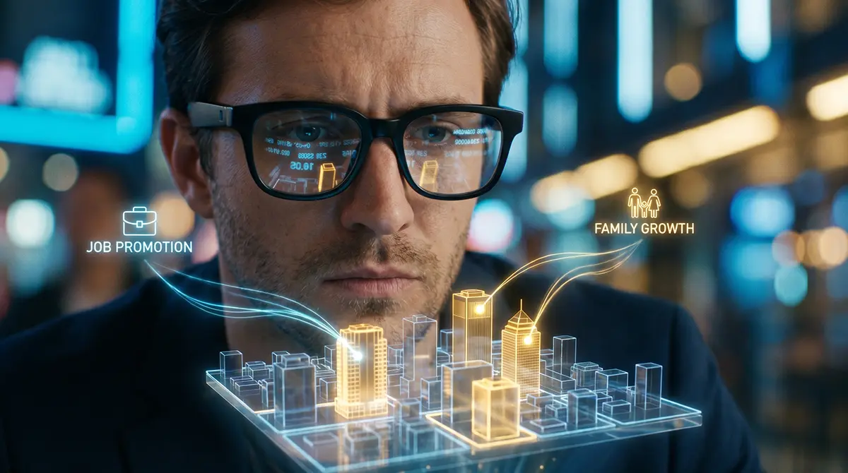 AI real estate lead generation predictive analytics interface displaying 3D city housing market data for smart realtors.