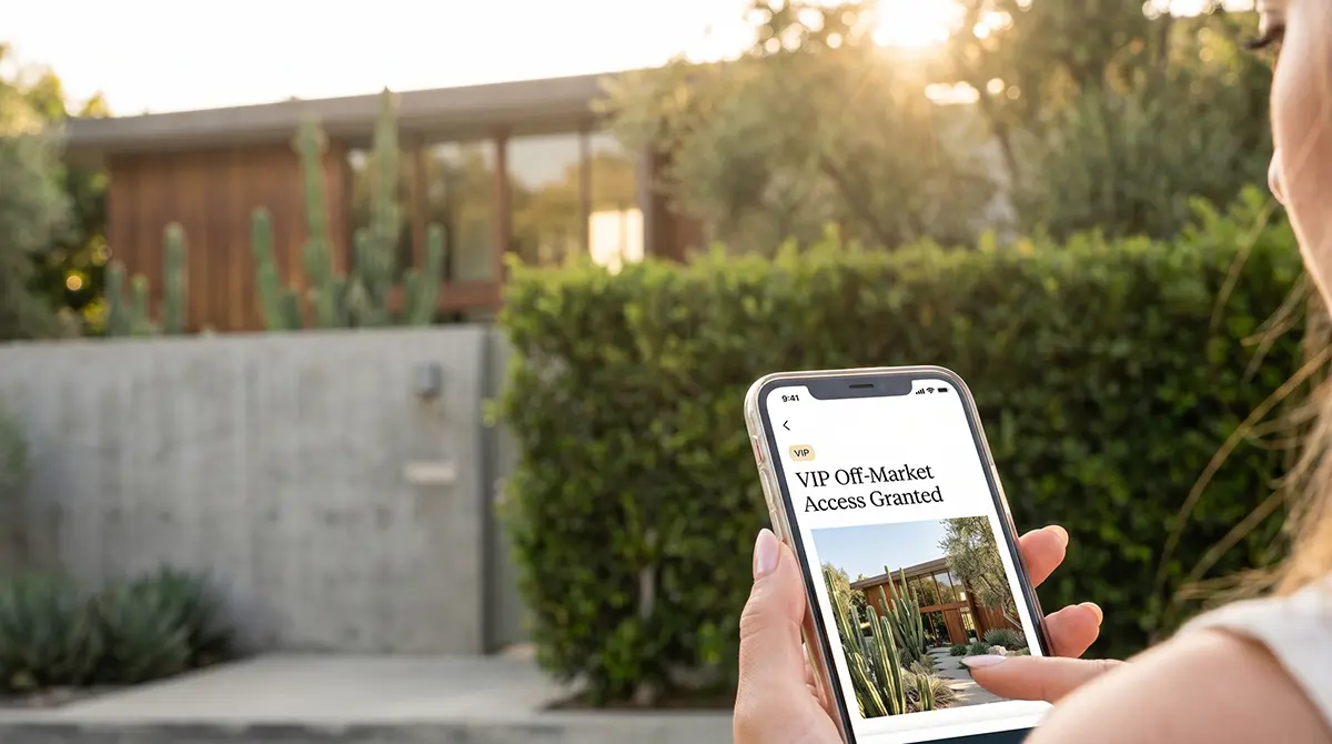 A real estate agent holding a smartphone displaying VIP off-market access granted message for a luxury pocket listing outside a modern estate.