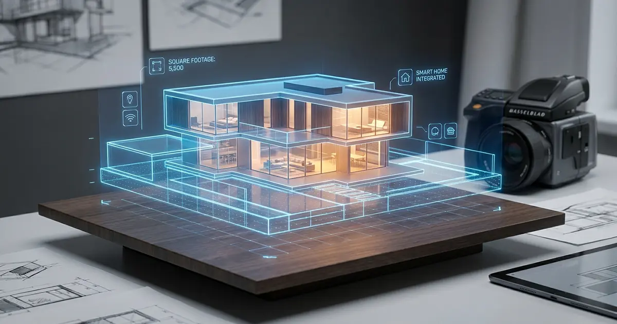 3D interactive blue hologram of a modern luxury house displaying automated real estate metadata on a desk