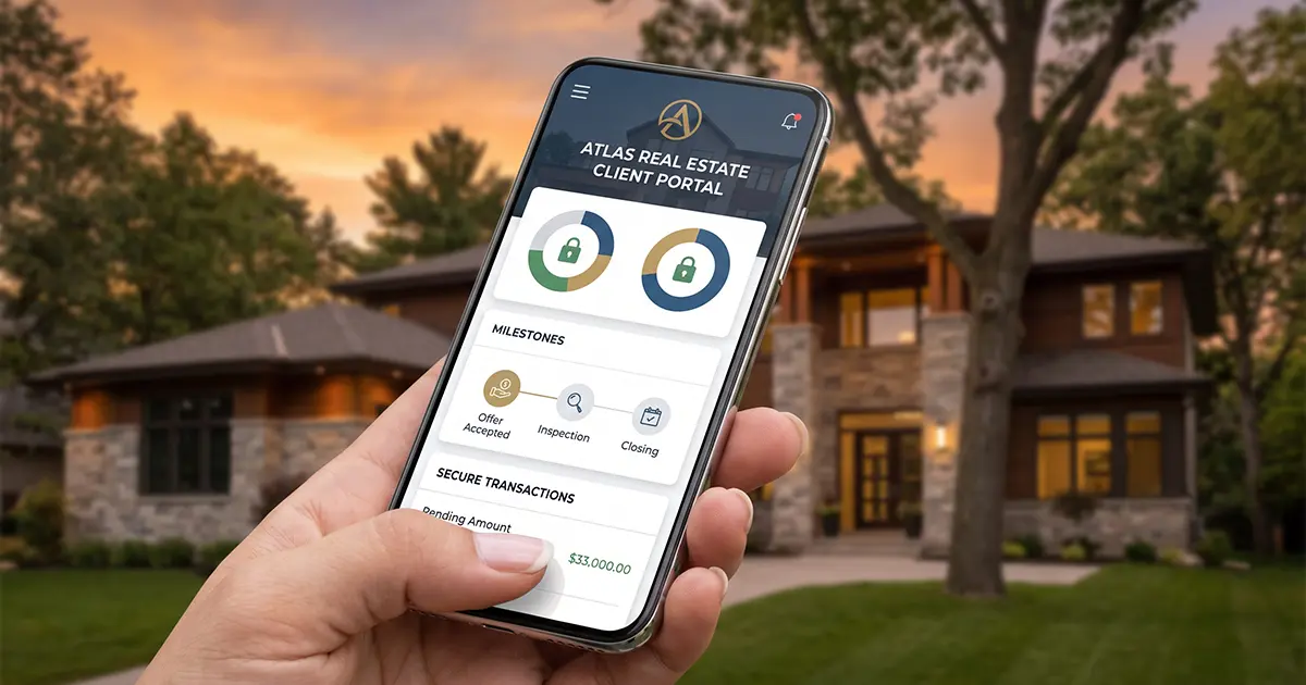 A close-up of a hand holding a smartphone displaying a secure real estate client portal with transaction milestones, set against a blurred luxury American home during sunset, illustrating modern digital transparency under July 2026 NAR rules.