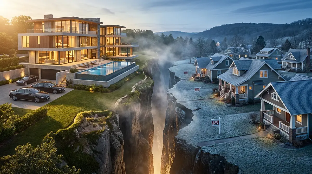 Conceptual illustration of the US housing market split showing a deep canyon dividing a sunlit luxury mansion from frosty, stagnant starter homes with For Sale signs.